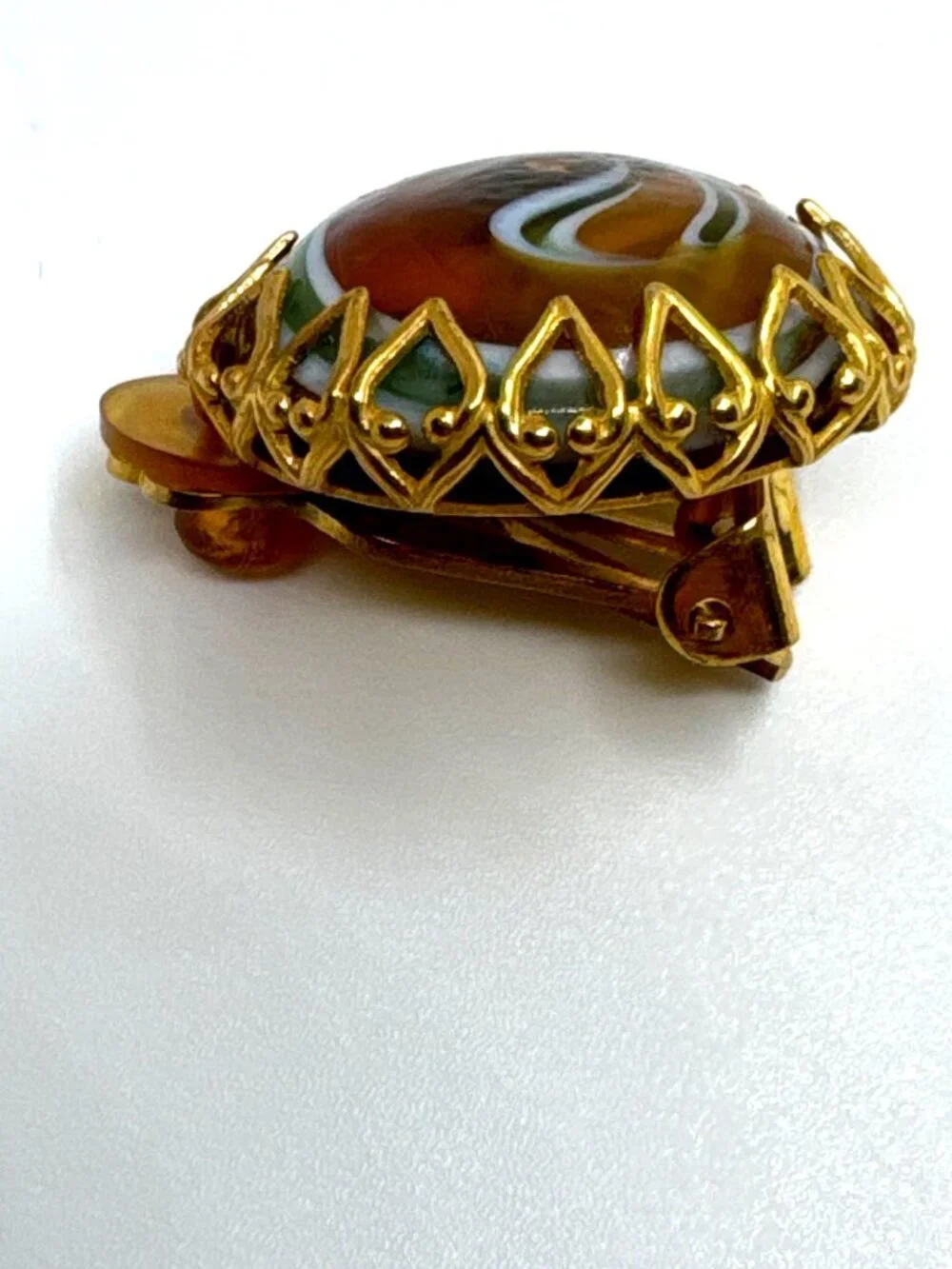 Vintage Miriam Haskell Art Glass Clip-On Earrings Gold Tone Filigree Collectible